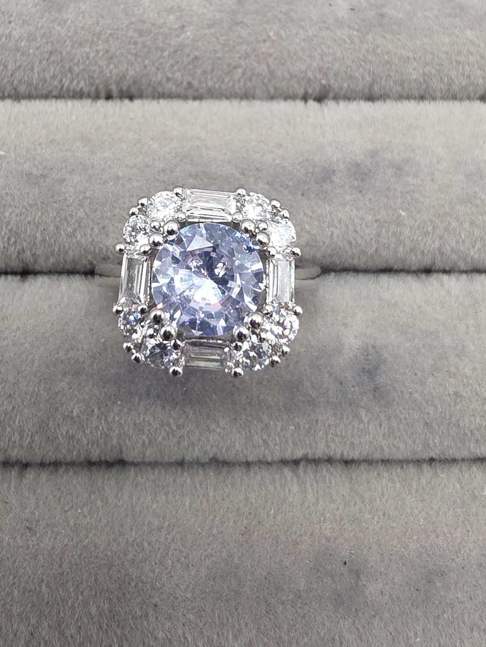 Silver Halo Cocktail Adjustable Ring with Light Blue Center Stone